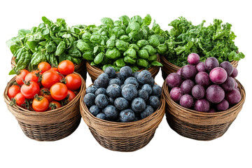 A vibrant display of fresh vegetables and fruits, including tomatoes, blueberries, and greens, arranged in rustic baskets for a healthy lifestyle.