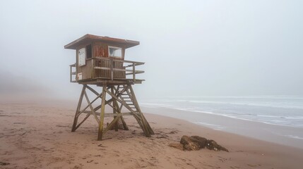 A foggy beach scene featuring a lifeguard tower overlooking the ocean, with soft waves lapping at the sandy shore.