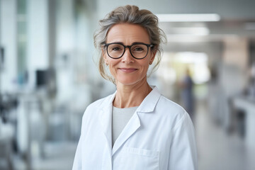 Fototapeta premium Mature Female Doctor with White Coat Smiling