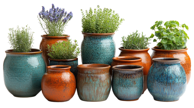 A vibrant display of herb pots showcasing various plants. Brightly colored pots complement the fresh herbs, adding a touch of nature to any setting.