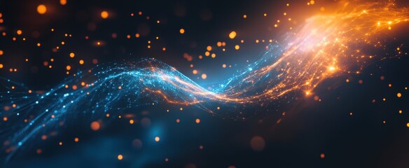 Obraz premium Abstract blue and orange energy wave with glowing particles.