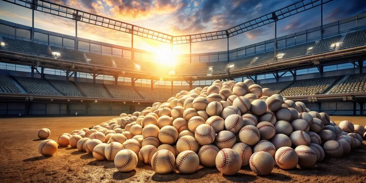 A massive pile of baseballs scattered across a sports stadium floor, with sunlight shining through the cracks and illuminating the surrounding seats , athletic equipment, field