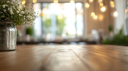 Fototapeta premium Cozy Coffee Shop Interior with Rustic Wooden Table and Soft Ambient Lights : Generative AI