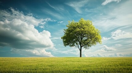 Fototapeta premium A lone tree standing in an empty field under a cloudy sky.