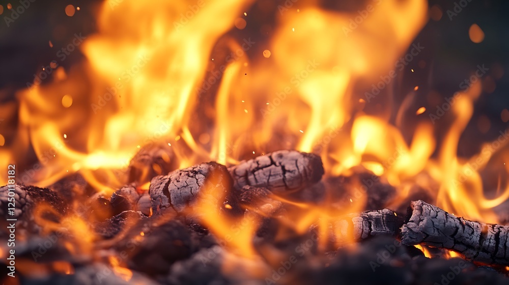Poster close up view of bright flames and charred wood bringing warmth and energy to any setting : generati