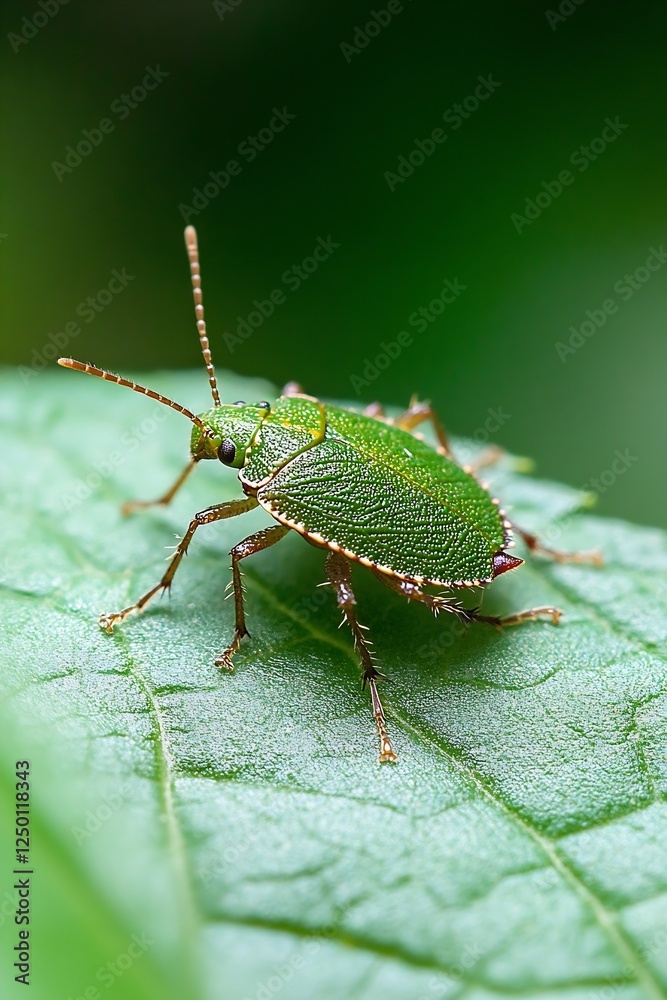 Poster close up of a green beetle perched on a leaf in nature : generative ai