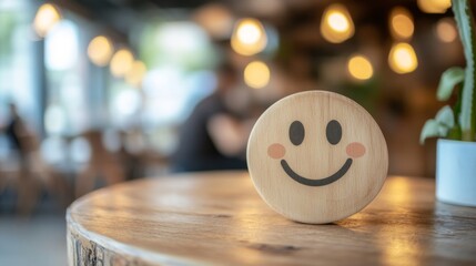 Abstract Smiley Face on Wooden Circle Symbolizing Customer Satisfaction and Positive Experiences