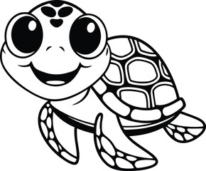 Smiling Cute Turtle silhouette vector illustration, Cute Turtle line art vector, Black color Cute Turtle design