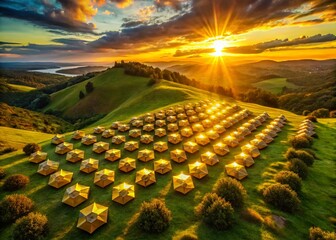 Fototapeta premium Aerial Drone Shot: Gleaming Gold Shields Arranged on a Hilltop at Sunset