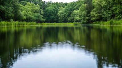 Obraz premium Lush green forest surrounds tranquil still water reflecting trees on a calm summer day : Generative AI