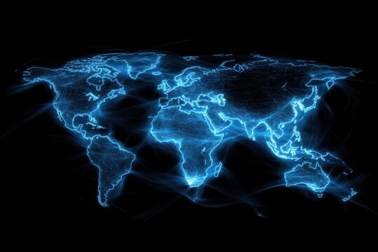 Glowing blue digital world map on black background. - Powered by Adobe