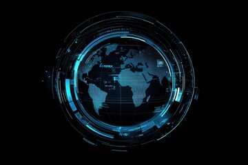 Futuristic digital globe with data streams and glowing rings.
