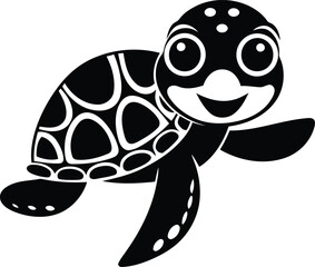 Smiling Cute Turtle silhouette vector illustration, Cute Turtle line art vector, Black color Cute Turtle design