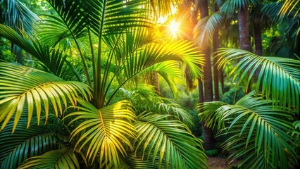 Fototapeta premium Warm sunlight filters through the dense foliage of a lush green palm tree, casting dappled shadows on the surrounding environment, palm trees, sunlight filtering