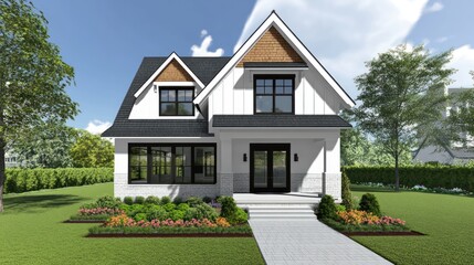 Modern farmhouse, landscaped yard, sunny day, suburban setting; home design