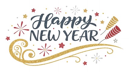 Glittery Happy New Year Greeting Card Design with Fireworks