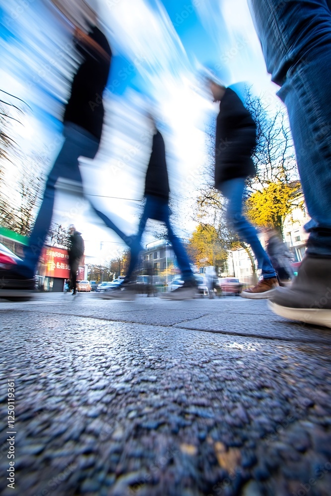 Poster dynamic motion of people walking in busy urban street scene with blurred effects : generative ai