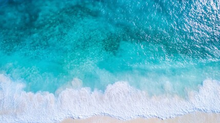 Aerial view of turquoise waves gently crashing on a pristine sandy beach : Generative AI