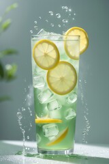 A refreshing green drink with ice and lemon slices, splashing droplets in a tall glass.