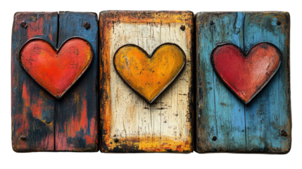 A vibrant triptych featuring colorful wooden hearts, symbolizing love and unity in a striking design that enhances any creative project.