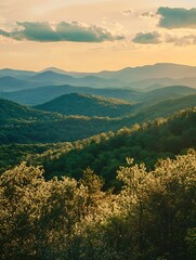 Fototapeta premium Breathtaking view of misty mountain ranges under a colorful sunset sky shining through trees : Generative AI