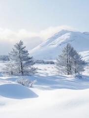 Obraz premium Beautiful snowy landscape with mountains and frosty trees under a clear blue sky : Generative AI
