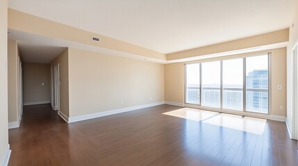 Obraz premium Bright and Airy Unfurnished Apartment with Large Windows Overlooking Cityscape : Generative AI