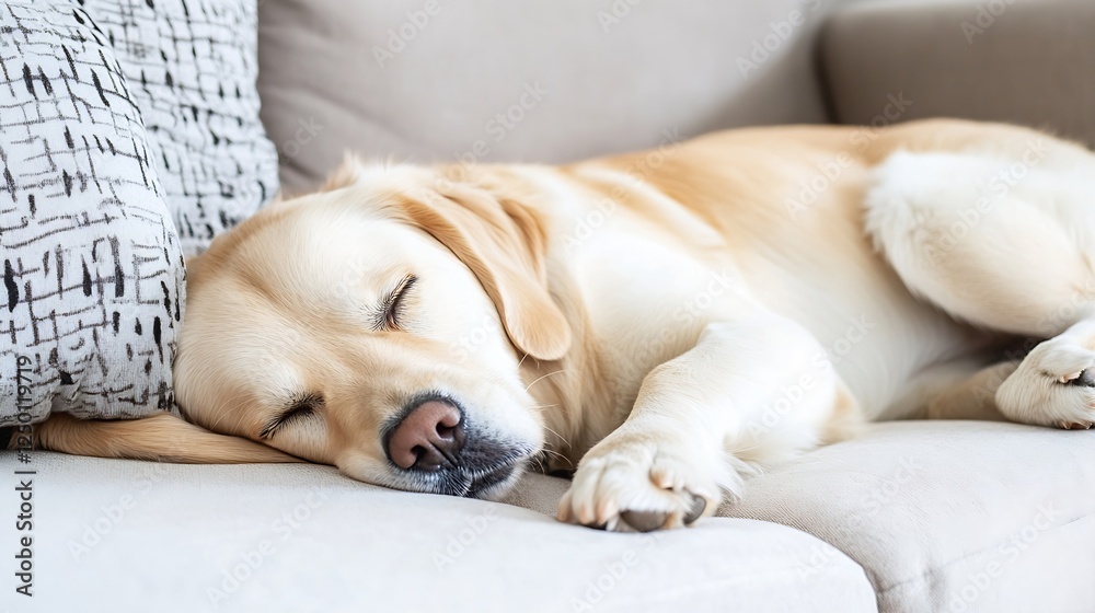 Poster Adorable golden retriever sleeping peacefully on a couch creating a cozy and heartwarming home atmosphere : Generative AI