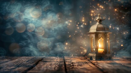 Fototapeta premium Enchanting Glowing Lantern on Rustic Wood, Mystical Atmosphere.