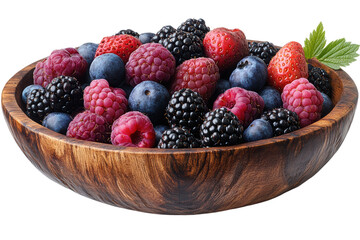 A vibrant wooden bowl filled with a colorful assortment of berries, including blueberries, strawberries, raspberries, and blackberries. Fresh and healthy.