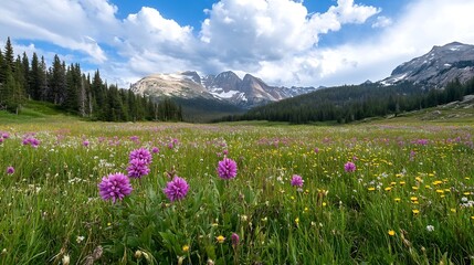 Fototapeta premium Breathtaking wildflower field in the mountains showcasing vibrant blooms against a stunning blue sky : Generative AI