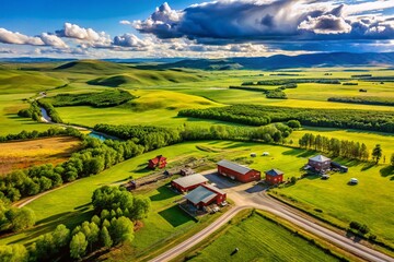 Fototapeta premium Aerial Drone View: Alberta Cattle Ranch, Calgary Summer Landscape