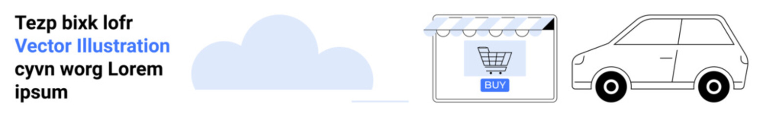 Digital storefront with shopping cart button, stylized cloud, and car for delivery. Ideal for e-commerce, shopping, technology, delivery, retail, cloud computing and flat landing page banner