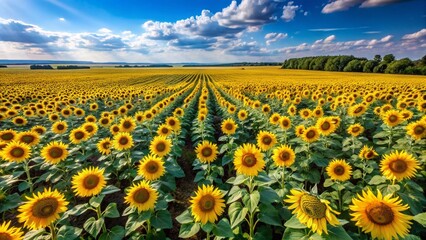 Obraz premium Aerial Drone View of Vibrant Sunflower Field Against a Deep Blue Sky