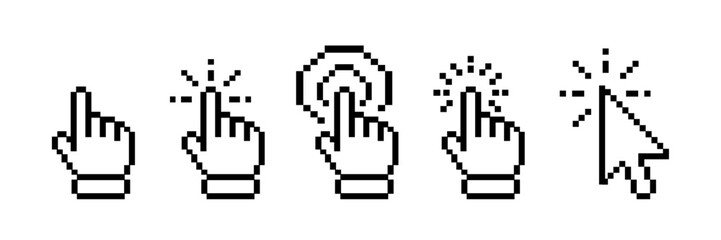 Fototapeta premium Pixel pointer cursor сomputer mouse icon set. Pixel clicking cursor, pointing hand clicks icons. Pixel Click cursor symbol. Vector Illustration.