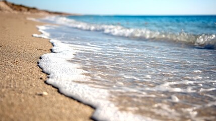 Tranquil Beach Scene With Gentle Waves Caressing Sandy Shore Under Clear Blue Sky : Generative AI