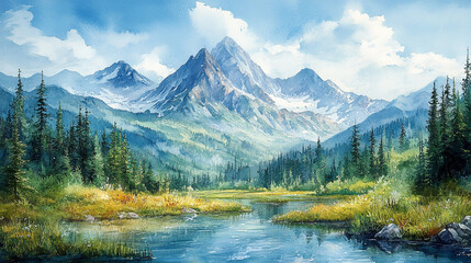 Fototapeta premium Serene Mountain Lake Landscape Watercolor Painting Nature Scenery Sky Art Blue Calm View Peak Trees 