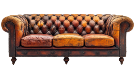 A vintage leather sofa with a tufted design, showcasing a rich blend of warm brown tones. Perfect for adding elegance to any living space.