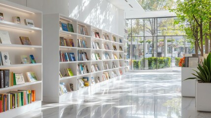 A modern library interior with bookshelves and natural light.