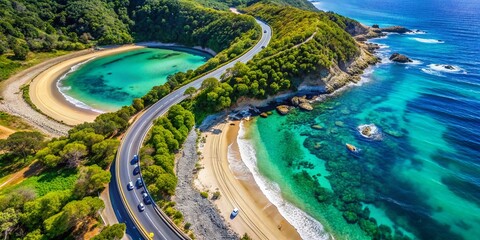 Fototapeta premium Aerial View: Coastal Road Trip, Journey to the Ocean and Back