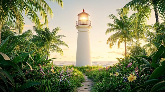 lighthouse surrounded by lush green grass and wildflowers, with a clear sky above and a calm sea in the distance. Lighthouse View 