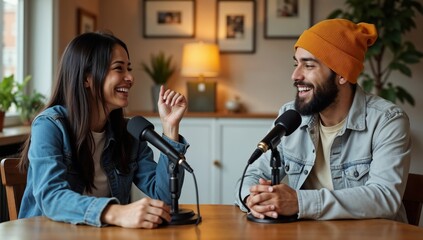 Casual Podcast Discussion Between Two Friends With Microphones at Cozy Home