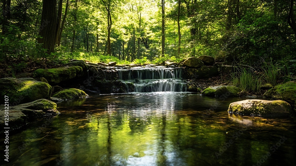 Poster tranquil forest scene with sparkling river and lush green flora in soft natural light : generative a