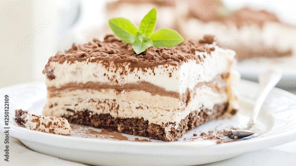 Poster delicious layer of tiramisu cake topped with cocoa powder and fresh mint leaf : generative ai