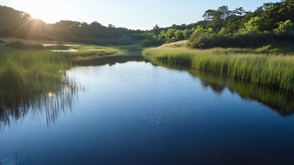 Fototapeta premium Tranquil Landscape Featuring a Serene Lake Surrounded by Lush Greenery and Sunlight : Generative AI