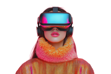 A woman wearing advanced virtual reality goggles, immersed in a vibrant and futuristic aesthetic, highlighting modern technological advancements.