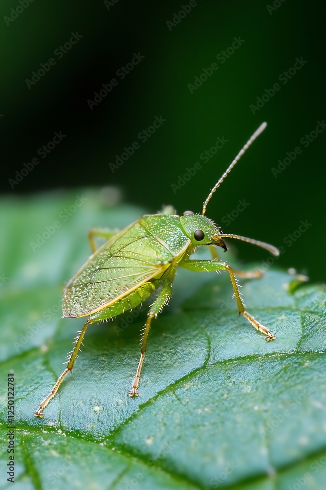 Poster detailed macro shot of a green insect on a leaf surrounded by nature : generative ai