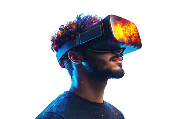 A young man experiences virtual reality with a vibrant VR headset, fully immersed in a digital universe filled with colors and stunning visuals.