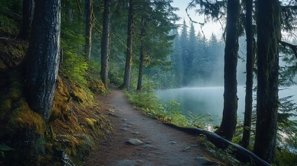 Naklejka premium Misty forest path alongside tranquil lake at dawn.