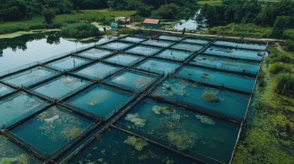 Aerial view of aquaculture ponds surrounded by lush greenery.